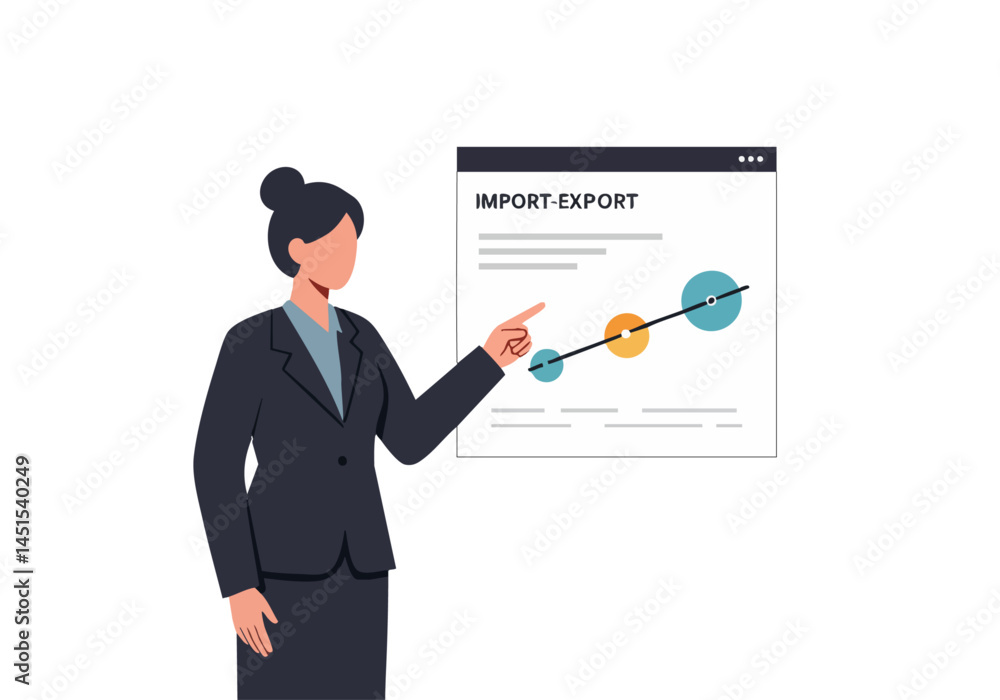 A professional woman presents an import-export graph, highlighting growth trends. Modern business illustration with a clean, digital aesthetic. A professional woman presents an import-export graph, highlighting growth trends. Modern business illustration with a clean, digital aesthetic.