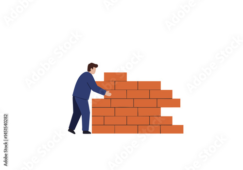 A professional man builds a brick wall, symbolizing obstacles or barriers.  Clean, graphic illustration with a muted background.  Strong visual metaphor.
