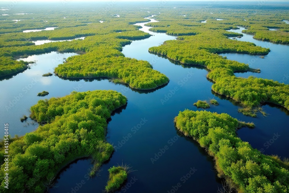 Intricate network of waterways forming a striking lake pattern within a wetland ecosystem , delta, landscape, bog Intricate network of waterways forming a striking lake pattern within a wetland ecosystem , delta, landscape, bog
