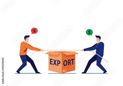 Two businessmen pull on opposite sides of a box labeled 'EXPORT', symbolizing a tug-of-war over profits. A dynamic illustration conveying competition and business strategy.