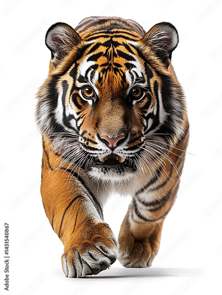 Fototapeta premium Magnificent Tiger: An intense, close-up shot of a majestic tiger walking towards the viewer, displaying its distinctive stripes and piercing gaze. Capturing the power and beauty of the wild.