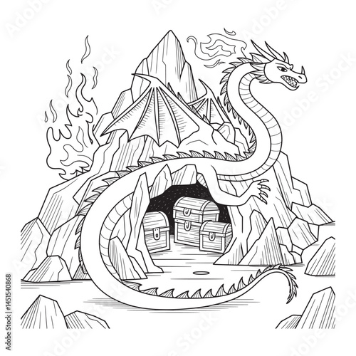 Dragon guarding treasure cave coloring page fantasy line art with treasure chest and mountain