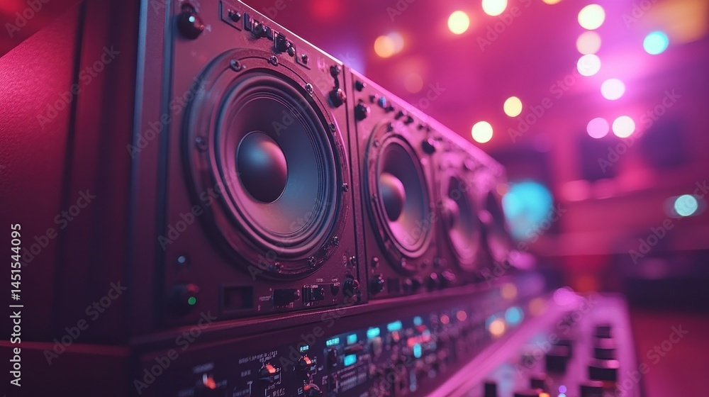 Fototapeta premium Studio Sound System: Powerful Speakers in Vibrant Pink Lighting