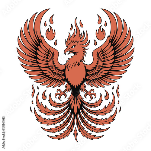Fiery phoenix rising illustration mythical firebird with flames and wings spread in vector style