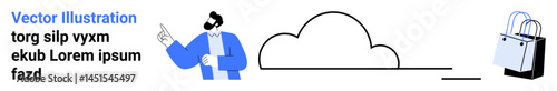Man gestures at cloud with a shopping bag below, symbolizing cloud computing, e-commerce, data storage. Ideal for technology, shopping, digital marketing, cloud storage, online services business
