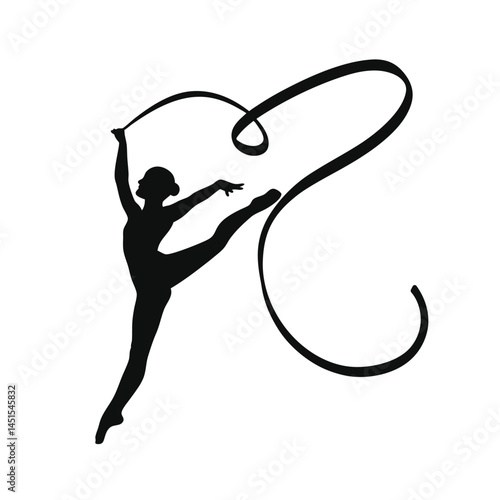 Rhythmic Gymnast Twirling Long Ribbon Gracefully – Silhouette Vector Image on White Background