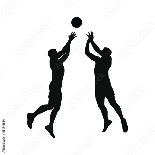 Two Players Jumping for a Ball Mid-Air – Silhouette Vector Image on White Background