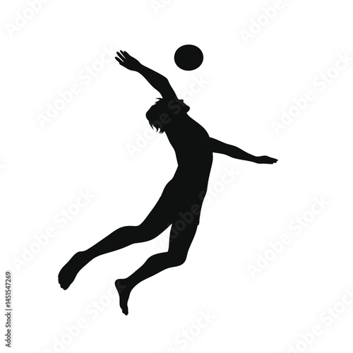 Volleyball Player Spiking Ball Over the Net – Silhouette Vector Image on White Background
