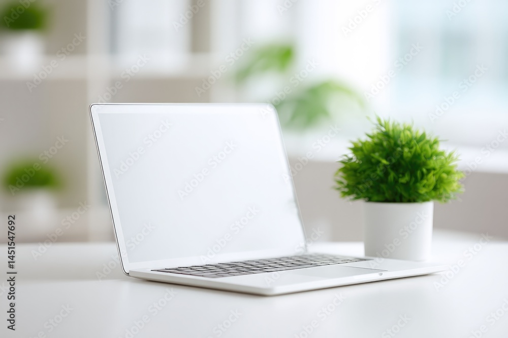 modern home office desk setup with minimalist design showcasing laptop and plant blurred people in background modern home office desk setup with minimalist design showcasing laptop and plant blurred people in background
