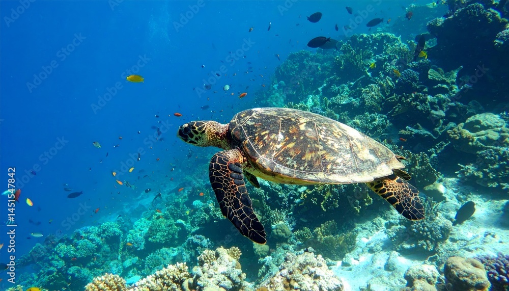 Obraz premium Sea Turtle Gracefully Swimming Through Vibrant Coral Reef In Clear Blue Ocean