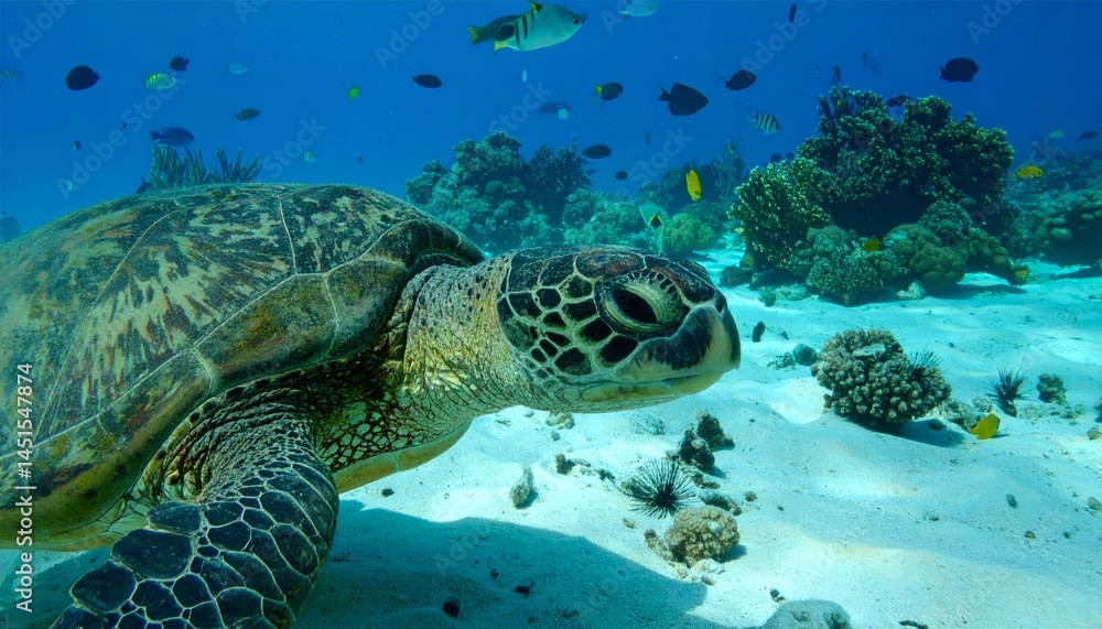 Fototapeta premium Sea Turtle Grazing On Coral Reef Underwater