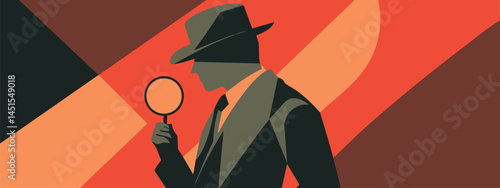 Detective in Classic Hat with Magnifying Glass Silhouette on Colorful Background for Mystery and Investigation Concepts