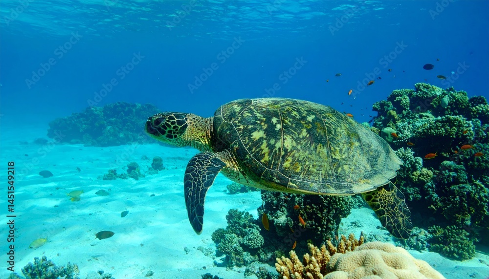 Fototapeta premium Sea Turtle Swimming In Coral Reef Underwater