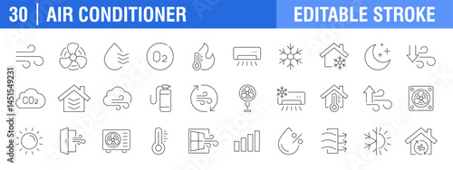 Collection of air conditioner icons. Cooling system, fan, circulation, temperature. Vector design template, signs, symbols, editable stroke.