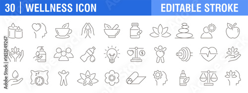 Collection of wellness icons. Meditation, healthcare, yoga, spa. Vector design template, signs, symbols, editable stroke.