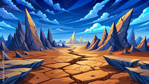 Jagged rocks and dry earth stretch beneath a sky of harsh, radiant blue
