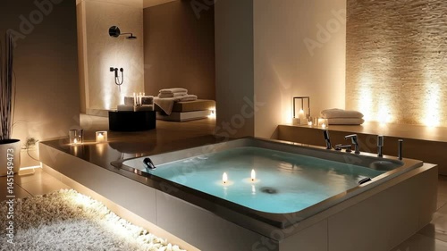 Relaxing spa ambiance with lit candles and modern jacuzzi bath setup