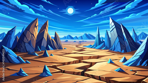Jagged rocks and dry earth stretch beneath a sky of harsh, radiant blue