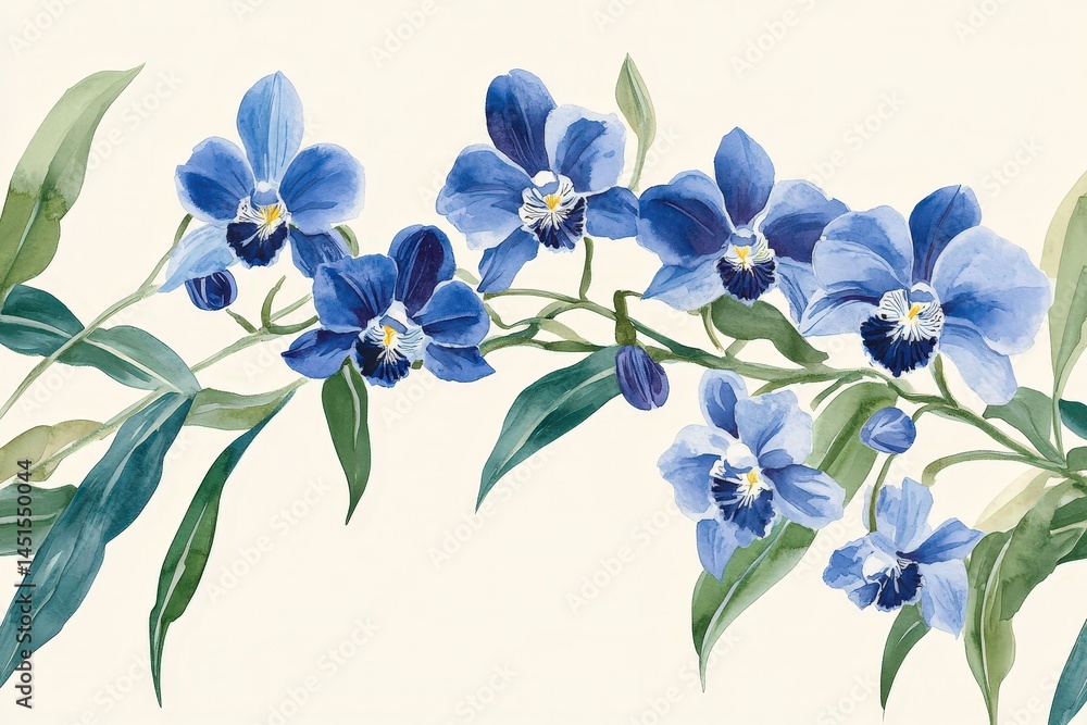 Fototapeta premium Delicate blossoms of blue orchids on a light background.