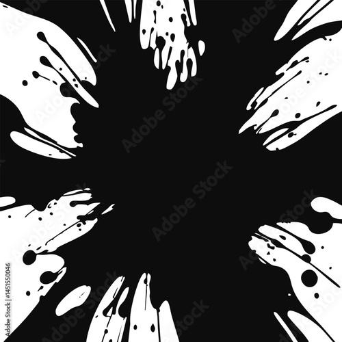 Abstract black explosive effect with random splatter featuring dynamic shapes and energetic movement, ideal for creative designs, posters, and backgrounds