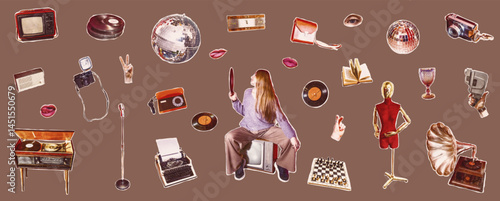 Vintage Halftone collage set retro objects: woman, vinyl record, disco ball, TV, cassette, typewriter, camera, gramophone, phone, mannequin. Isolated vector illustration colorful retro sticker