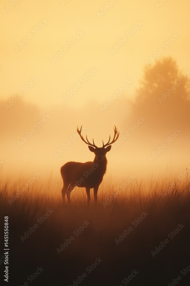Fototapeta premium Mystical Deer in Fog: Majestic deer with impressive antlers, stands confidently in the misty woodland bathed in the warm glow of the morning sun, creating a serene and atmospheric portrait.