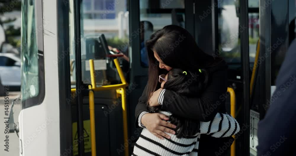 Stockvideon Happy, woman and hug child on bus for leaving public ...