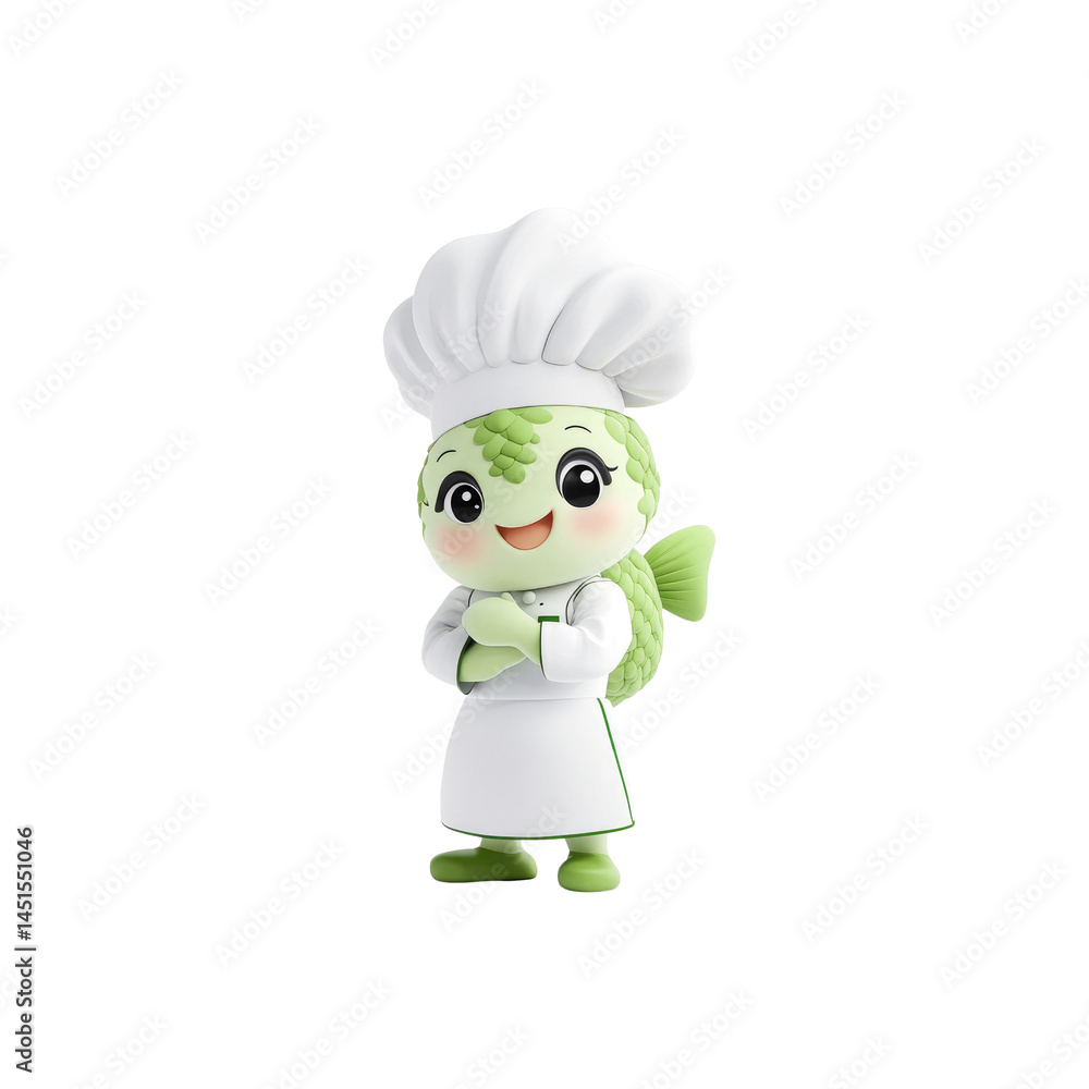 Adorable 3D Render of a Fish Chef Mascot, Happy and Confident Adorable 3D Render of a Fish Chef Mascot, Happy and Confident