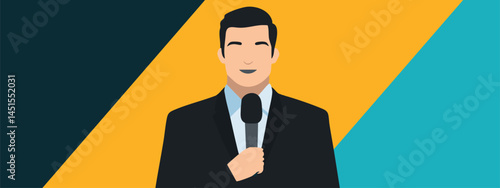 Professional male presenter with microphone delivering news message in formal suit against vibrant geometric background