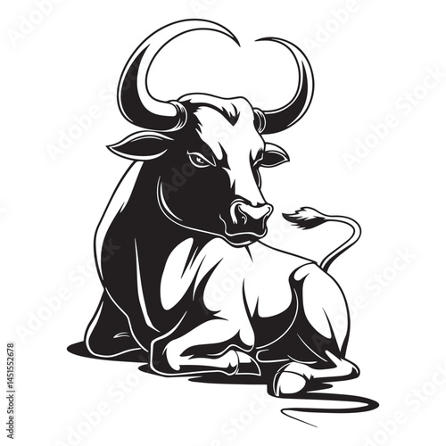 Illustration of a black and white bull lying down with large horns, vector illustration


