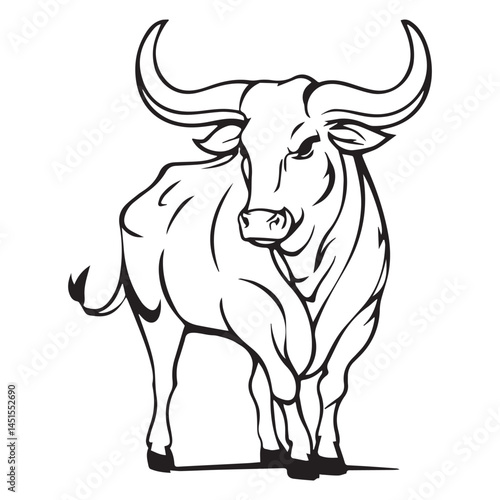 Illustration of a strong bull with large horns in black and white line art vector illustration


