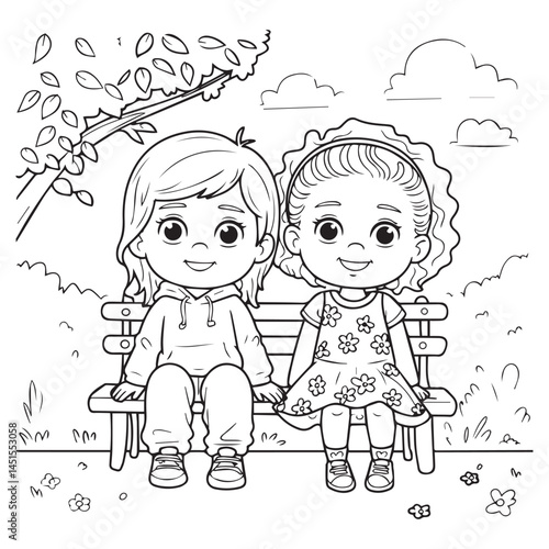 Two girls sitting on a bench under a tree in a black and white drawing vector illustration