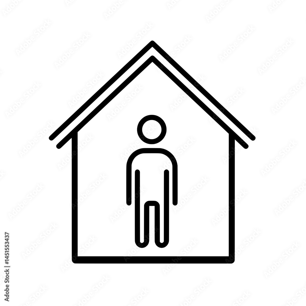 Minimalist house icon with human figure inside symbolizing home, residence, shelter, or user profile in a secure housing environment Minimalist house icon with human figure inside symbolizing home, residence, shelter, or user profile in a secure housing environment