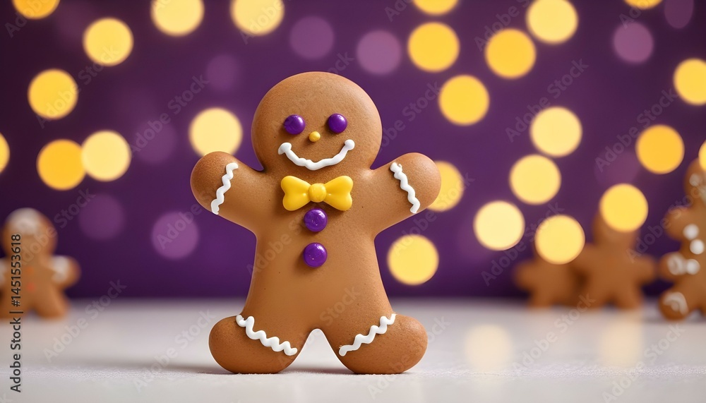 Fototapeta premium A happy gingerbread man smiling with a yellow bow tie on a purple bokeh background.