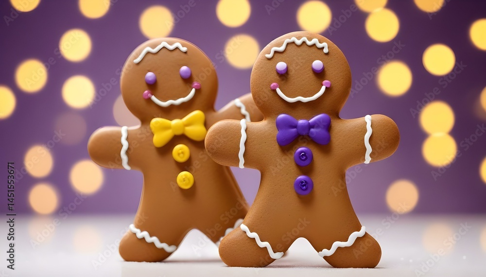 Fototapeta premium Two adorable gingerbread men with colorful bow ties stand together in front of lights during Christmas.