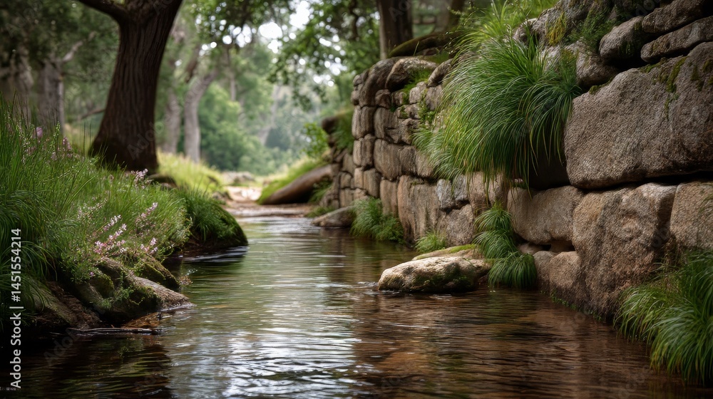 Naklejka premium Exploring Sustainable Agricultural Practices Along a Beautiful Stream in a Lush Forest Landscape