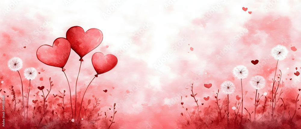Romantic heart balloons, dandelion field. Valentine's card