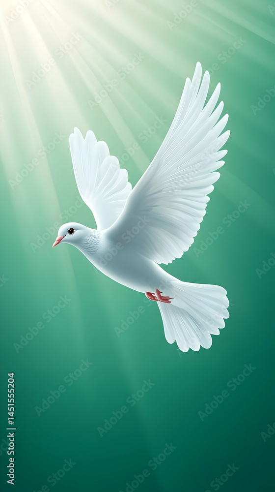White dove flying, sun rays, peace