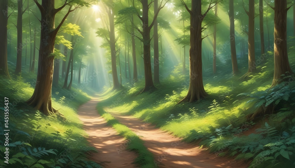 Fototapeta premium A sunlit path winds through a vibrant green forest, inviting exploration and peace.