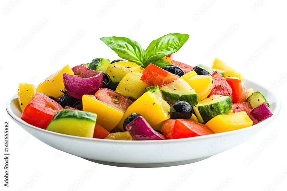 Colorful salad with vegetables Fresh mix of chopped cucumbers, tomatoes, bell peppers, onions, and olives Garnish with basil Colorful salad with vegetables Fresh mix of chopped cucumbers, tomatoes, bell peppers, onions, and olives Garnish with basil