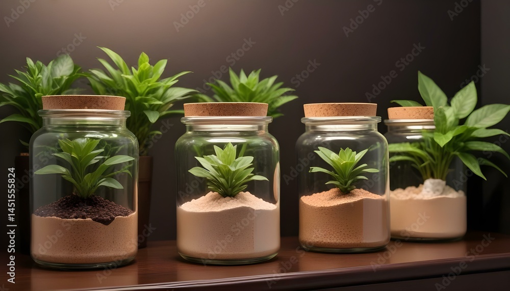 Fototapeta premium Beautiful terrarium setup with small plants flourishing in glass jars, offering a serene view.