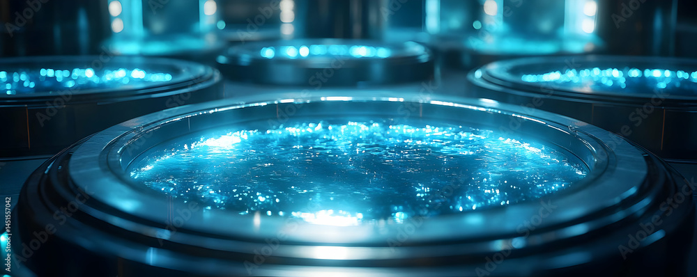 Glowing blue liquid in futuristic lab