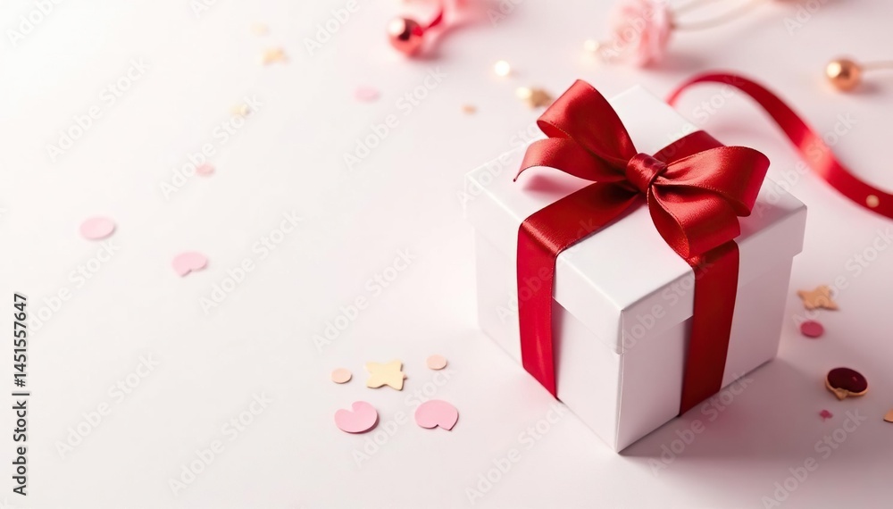 Elegant red ribbon gift box pattern on white background, wrapping, seasonal, illustration Elegant red ribbon gift box pattern on white background, wrapping, seasonal, illustration