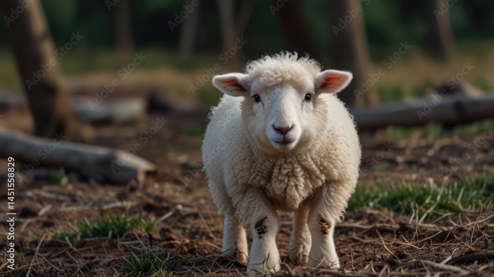 Obraz premium A curious sheep stands in a grassy field under soft morning light in a serene countryside setting
