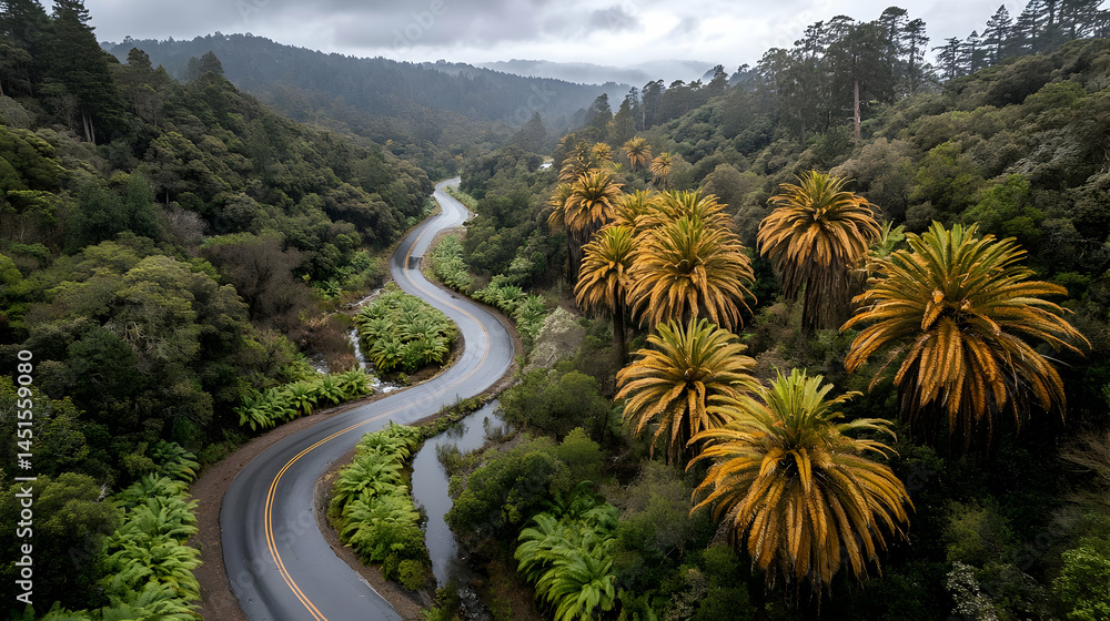 Winding road, palm trees, valley, misty day, travel