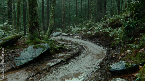 Obraz na płótnie Muddy forest trail, winter rain w salonie