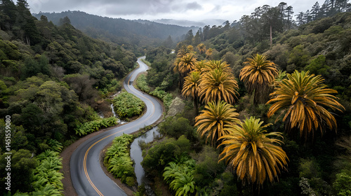 Obraz na płótnie Winding road, palm trees, valley, misty day, travel w salonie