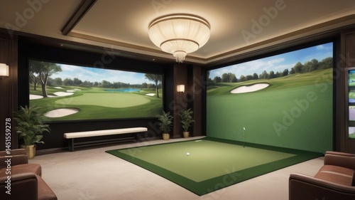 Sleek Interior of a Modern Indoor Golf Simulator Club with Advanced Technology and Vibrant Decor
