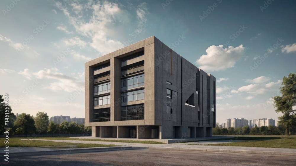 Modern Concrete Gray Building Structure with Open View. Minimalistic Urban Architecture City Modern Concrete Gray Building Structure with Open View. Minimalistic Urban Architecture City
