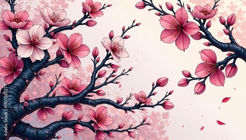 Intricate line art sakura pattern, featuring stylized blossoms and branches , elegant, abstract